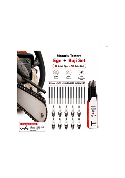 Algaride Motorlu Testere Eğe Buji Seti 12 Adet 5.5 Mm Zincir Eğesi 10 Adet Buji 7/32 3/8 Zincir Uyumlu