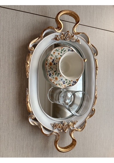 Küçük Oval Aynalı Dekoratif Tepsi Beyaz Altın Varak Eskitme Kulplu Gül Kabartmalı Sunum Tepsisi
