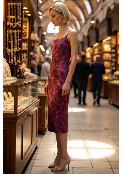 Benerly Kadın İnce Askılı Kare Yaka Çiçek Desenli Bodycon Midi Esnek Örme Mürdüm