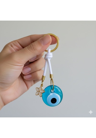 Cam Nazar Boncuklu Lotus Çiçekli Beyaz İpli Anahtarlık Çok Renkli