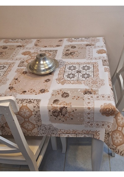 Elyaflı Pvc Muşamba - Desenli Silinebilir Masa Örtüsü Mavi Kahverengi