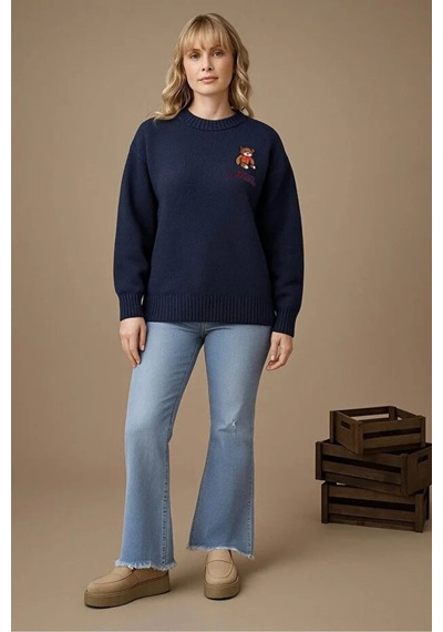 Fashion Friends Bisiklet Yaka Nakışlı İndigo Kadın Kazak 25k0313k1