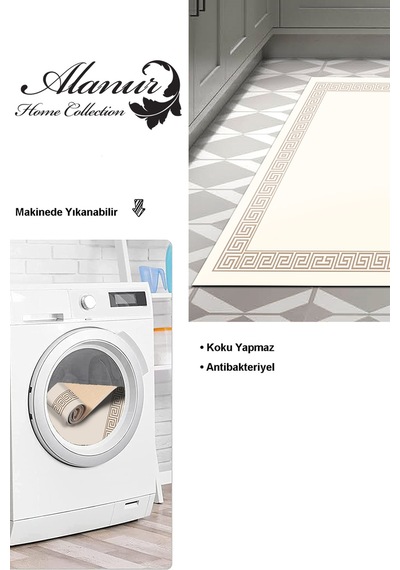 Dekoreko Kaymaz Taban Djt Mutfak Halısı Yıldız Deri Modern Kt493 krem