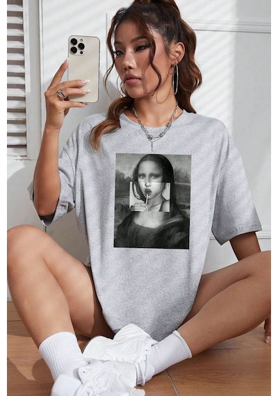 Unisex Mona Lisa Baskılı Tasarım Tshirt Gri