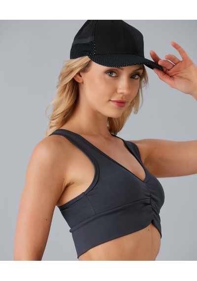 Aurafit Kadın Önü Büzgülü Arkası Çapraz Kaplı Croptop/büstiyer Antrasit