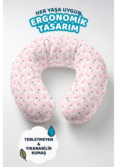 Kuğu Desenli Ergonomik Boyun Yastığı - Prenses Temalı Pembe Beyaz Yumuşak Seyahat Yastığı Buzlu Krem Bej