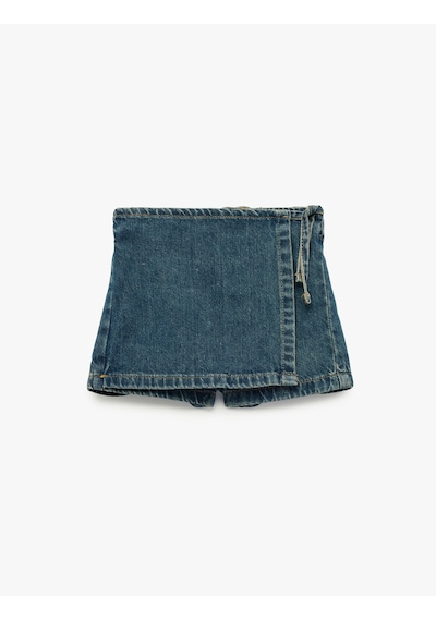 Koton Normal Bel Bağlama Detaylı Pamuklu Denim Şort Etek Orta İndigo 6smg40023ad
