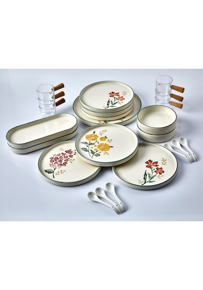 Kitchen Life 23 Parça 6 Kişilik Flowers Stackable Kahvaltı Takımı -  Sosluklu ve Kaşıklı Kahvaltılık Sunum Seti Beyaz