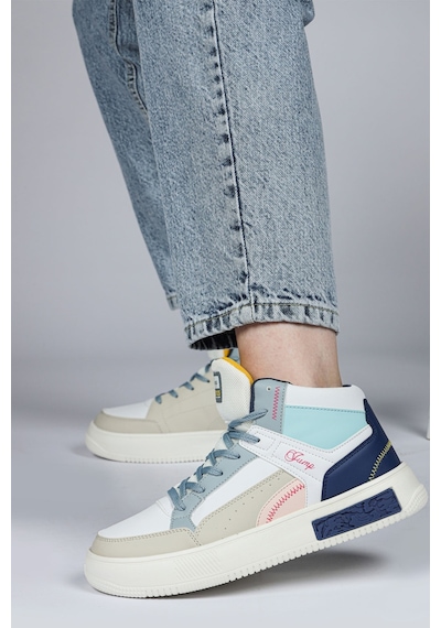 28756 Yüksek Bilekli Beyaz - Mavi Kadın Sneaker Günlük Spor Ayakkabı