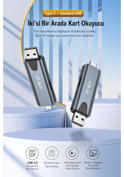 Usb 2.0 Type-c Otg Sd Tf Microsd Kart Okuyucu, Çift Girişli Hafıza Kart Adaptörü, Telefon Tablet Laptop Bilgisayar Uyumlu, Alüminyum Gövde, Koruyucu Kapak N458