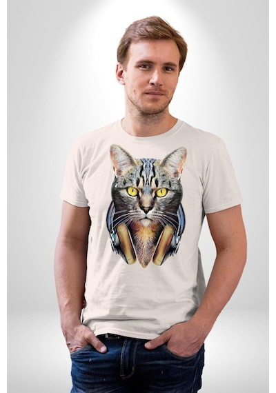 Kulaklık Kedi Unisex Unisex Beyaz Organik Baskılı T-shirt Penye Yüksek Kalite Beyaz