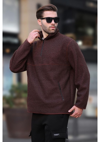 Madmext Acı Kahverengi Dik Yaka Yarım Fermuarlı Buklet Sweatshirt 7084 Acı Kahverengi