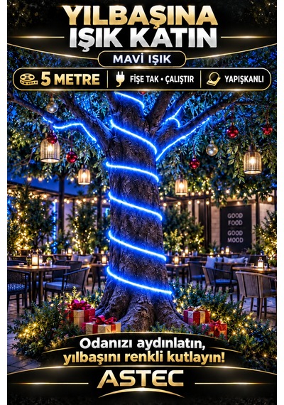 Astec Tak Çalıştır 5 Metre Yapışkanlı Mavi Şerit Led Yılbaşı Ağacı Süsü Ve Dekoratif Ev Aydınlatması Fişe 220v