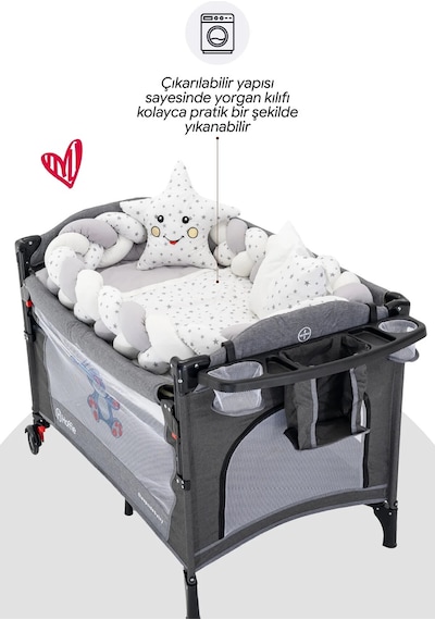 Deluxe Park Yatak Uyku Seti Bebek Beşik Örgülü Uyku Seti Pamuklu Kumaş 7 Parça