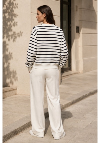 Rovebella Breton Blanc Çizgili İnce Penye Sweatshirt Beyaz