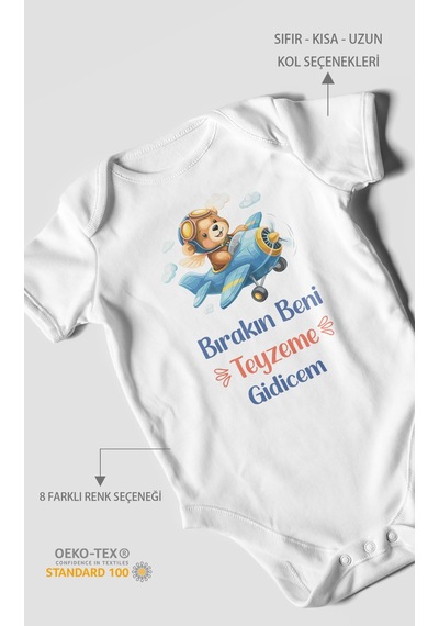 Morivokids Bırakın Beni Teyzeme Gideceğim Kısa Kollu Bebek Body %100 Pamuk Beyaz