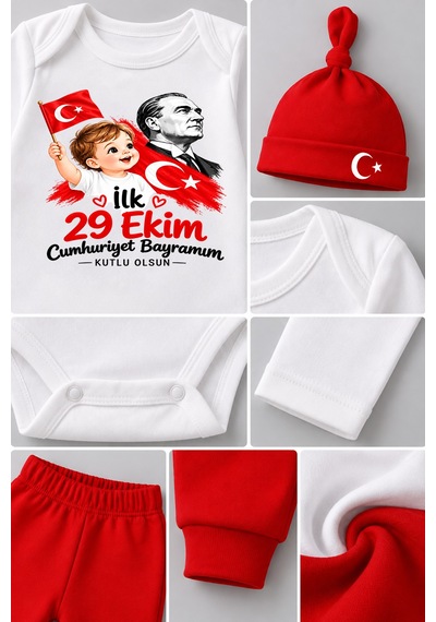 Babyden's İlk 29 Ekim Cumhuriyet Bayramım Baskılı 3'lü Bebek Takımı 100 Pamuk Uzun Kollu Çıtçıtlı Body Pantolon Bere Seti Kırmızı - Beyaz