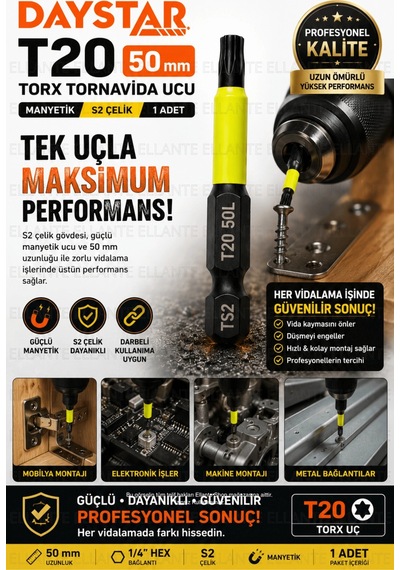 T20 Torx Tornavida Ucu 50 Mm Manyetik S2 Çelik 1/4" Hex Vidalama Ucu 1 Adet Yüksek Kalite