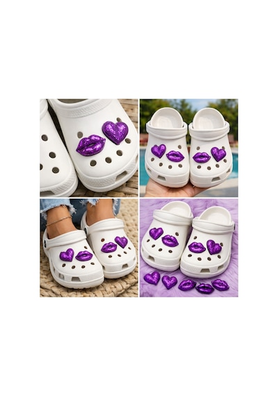 Temungur Mor Simli Kalp & Dudak Jibbitz Charm 4 Lü Set Terlik Süsü, Parlak Glitter Terlik Aksesuarı Çok Renkli