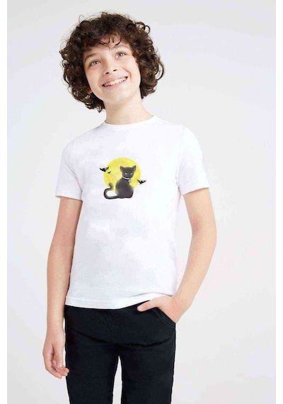 Tshirthane Cat On The Moon Baskılı Unisex Çocuk Beyaz T-Shirt