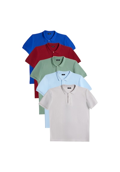 Tudors Erkek 5'li Paket Saks Mavi-bordo-su Yeşili-mavi-gri Slim Fit Pamuklu Düz Pike Polo Yaka Tişört-33091 Çok Renkli