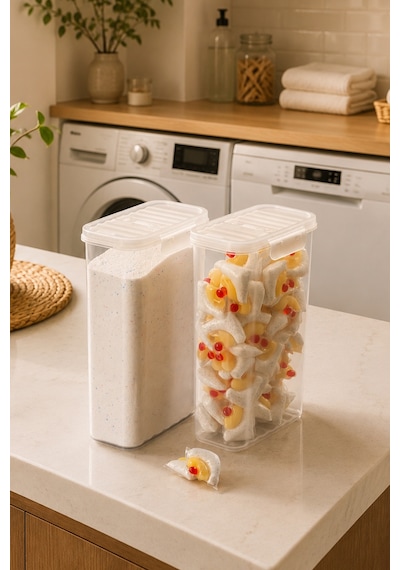 Porsima L-00895-2 2'li Erzak Saklama Kabı Seti Hava Geçirmez Kapaklı,düzenleyici Mutfak Saklama Kabı,tablet Toz Deterjan Saklama Kabı 2,5 Litre Şeffaf Seffaf