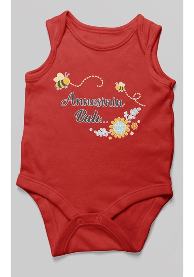 Morivokids Annesinin Balı Sıfır Kollu Bebek Body %100 Pamuk Kırmızı