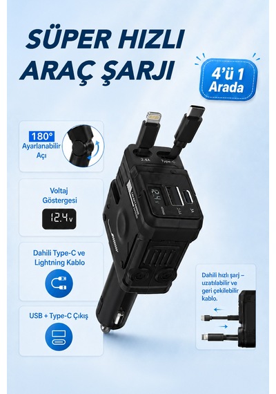 Süper Hızlı Araç Şarjı - Usb Type-c Çıkışlı Voltaj Göstergeli Geri Çekilebilir Kablolu Araç Şarj Cihazı