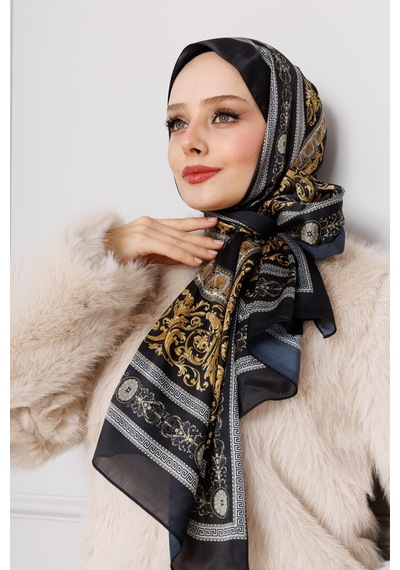 Sevitli Versace Desenli Hint İpeği Şal-siyah-4531