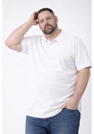 Erkek Polo Yaka Düğmeli Tişört Pike Kumaş Battal Beden Kısa Kol T-shirt - Beyaz