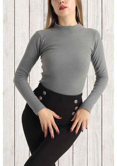 Aslındalook Kadın Fitilli Triko Esnek Uzun Kol Body Bluz Bady Füme