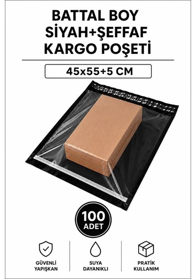 Battal Boy Siyah Şeffaf Kargo Poşeti 45x55+5 Cm 100 Adet