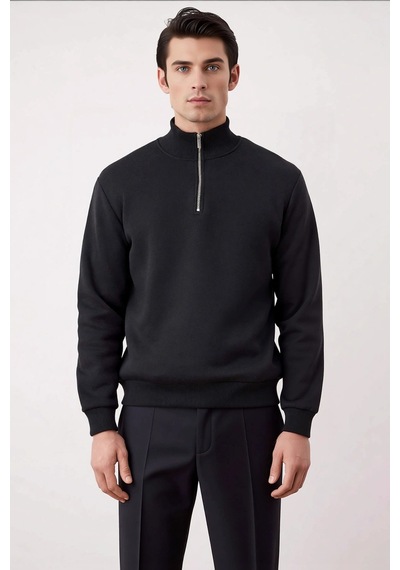 Benerly Erkek Dik Yaka Standart Kol Regular Kalıp Sweatshirt Fonksiyonel siyah