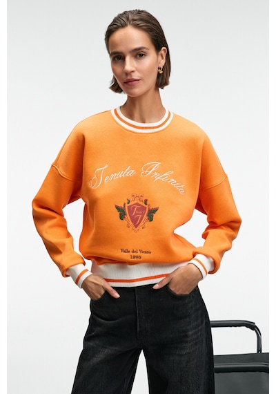 Grımelange VALLUNE Kadın Kontrast Triko Etek Ucu Manşet Ve Yakalı Nakış Crop Turuncu Sweatshirt
