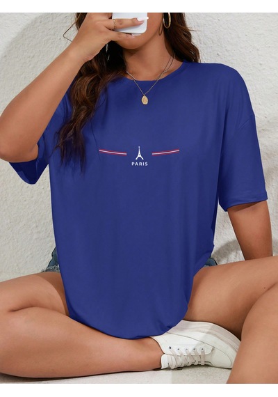 Uyguntarz Unisex Paris Baskılı Oversize Tshirt Mavi