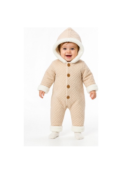 Tatlı Unisex Bebek Kapitone Tulum İçi Peluş Kürklü Kapüşonlu Düğmeli Kışlık Bebek Kozmonot Tulumu Bej