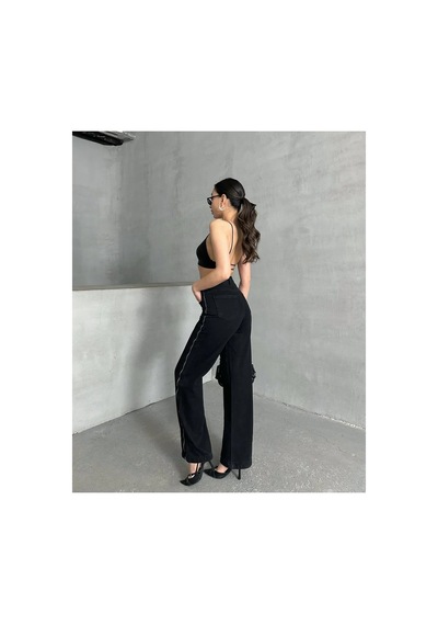 Kene Jeans Yüksek Bel Yan Fermuar Detaylı Siyah Bol Paça Jean Siyah