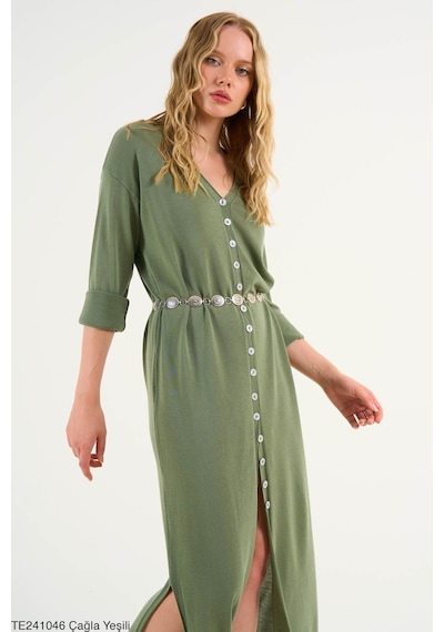Butik Belvita Düz Düğmeli Elbise Yeşil