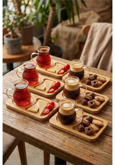 Reoona 6'lı 12parça Bambu Tabaklı Borosilikat Cam Kulplu Bardak 200 Ml Cam Çay Ve Kahve Bardağı Şeffaf
