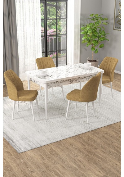 Arel Beyaz Mermer 80x132 Açılabilir Mdf Masa Yemek Odası Takımı, Mutfak Takımı 4 Adet Sandalye Beyaz Mermer - 4 Cappuccino - Beyaz Ayak