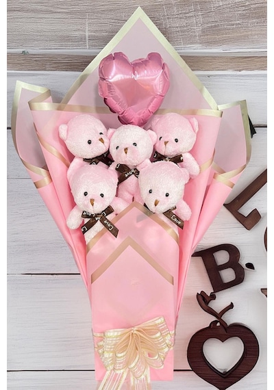 Sole Sevgiliye Özel Pembe Konsept Balonlu Romantik Peluş Ayıcık Buketi