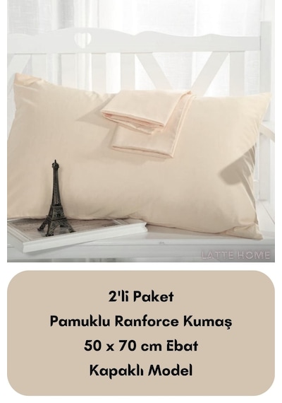 Krem Renkli Ranforce Pamuklu Kumaş Kapaklı Yastık Kılıfı 2'li Pak