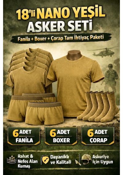 Qulat 18 Li Nano Yeşil Bedelli Asker Seti 6 Fanila 6 Boxer 6 Çorap Tam İhtiyaç Paketi Haki