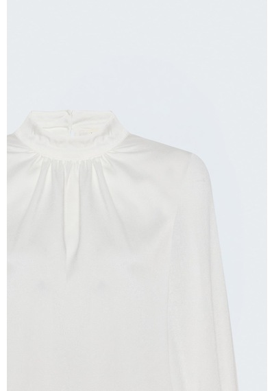Sateen Uzun Kollu Bluz - Ekru-137868
