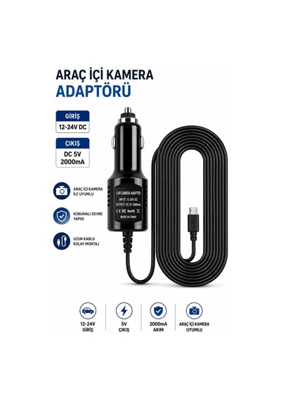 Araç İçi Kamera Type-c Güç Adaptörü 12v 24v Giriş 5v 2a Çıkış Çakmaklık Adaptörü