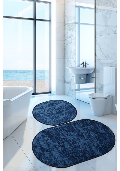 Nova Lacivert Oval 60x100 + 50x60 Cm 2'li Banyo Paspası Seti Çok Renkli
