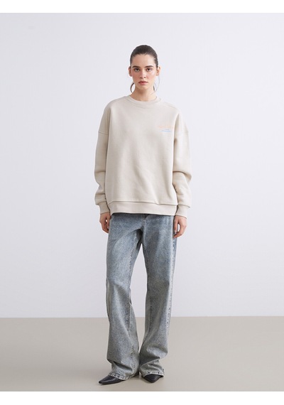 Lcw Vision Bej Baskılı Oversize Kadın Kalın Sweatshirt