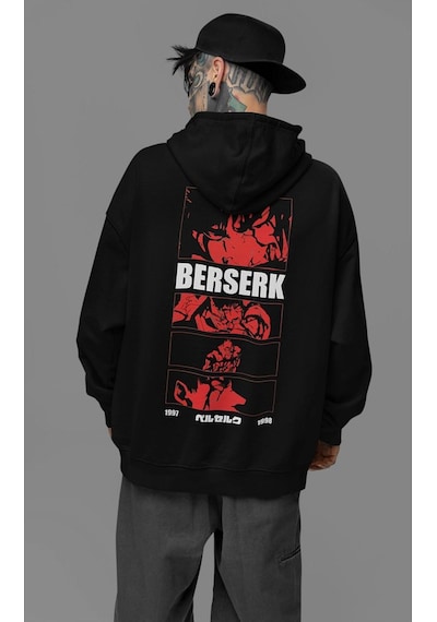 Sevbano Anime Karakter Berserk Baskılı Unisex Oversize Hoodie Siyah