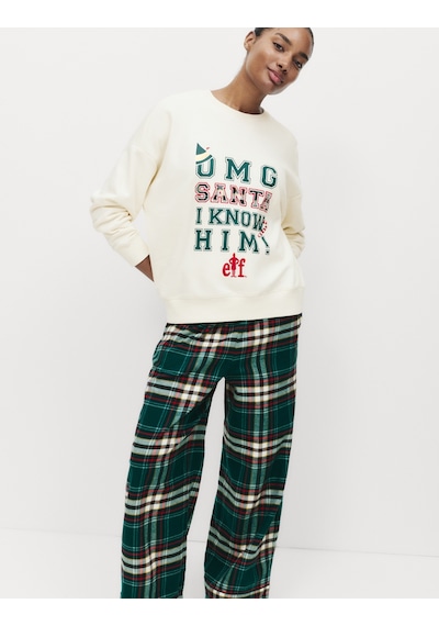 Marks & Spencer Pamuk Karışımlı Elf Sloganlı Pijama Takımı T37002227J Krem Mix