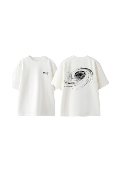 Thewert Kara Delik Tasarım Sırt Baskılı Pamuk Beyaz Oversize T-shirt